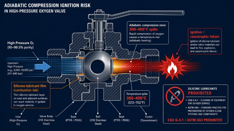 Engineering diagram showing adiabatic compression ignition mechanism in a high-pressure oxygen valve contaminated with silicone lubricant