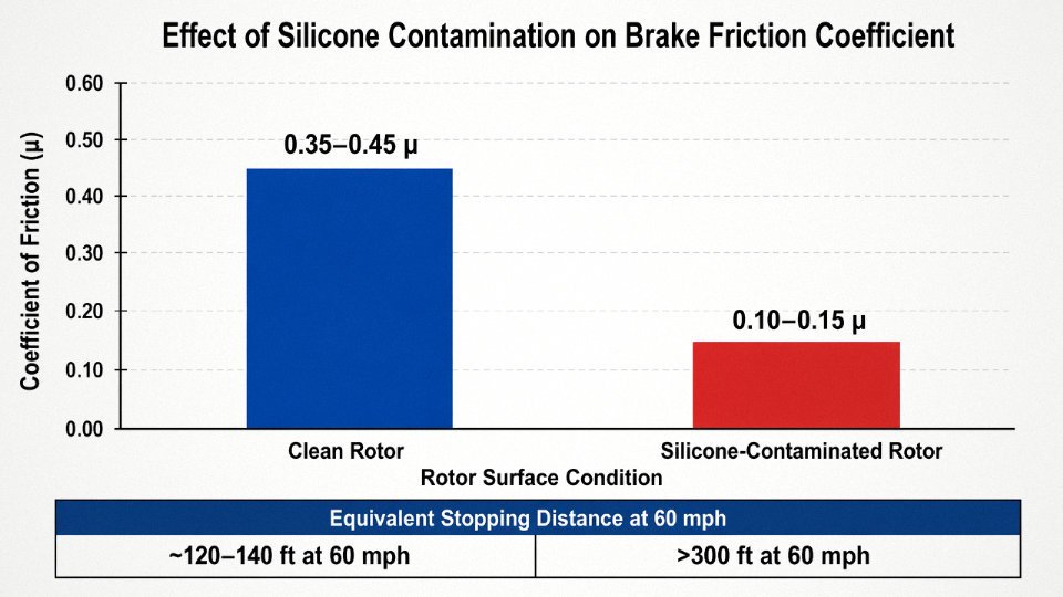 Bar chart comparing brake pad friction coefficients on clean versus silicone-contaminated rotors showing dramatic reduction