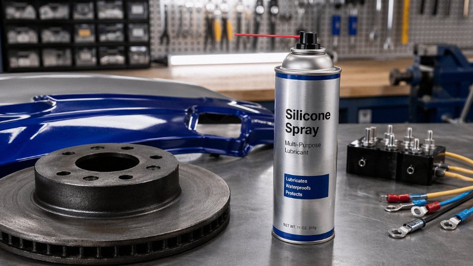 Silicone spray can held near an automotive brake rotor, electrical contacts, and painted panel illustrating forbidden applications