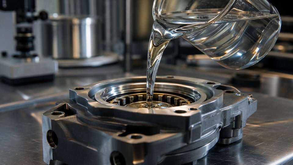 Clear silicone oil being poured in an industrial setting, showcasing its fluid properties