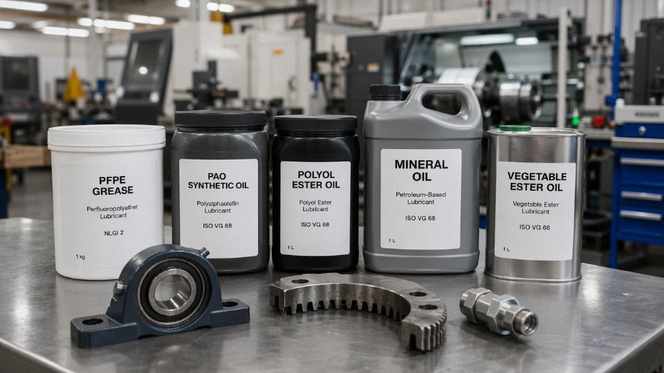 Row of industrial lubricant containers including PFPE, PAO, and ester-based fluids on a workshop bench beside mechanical components