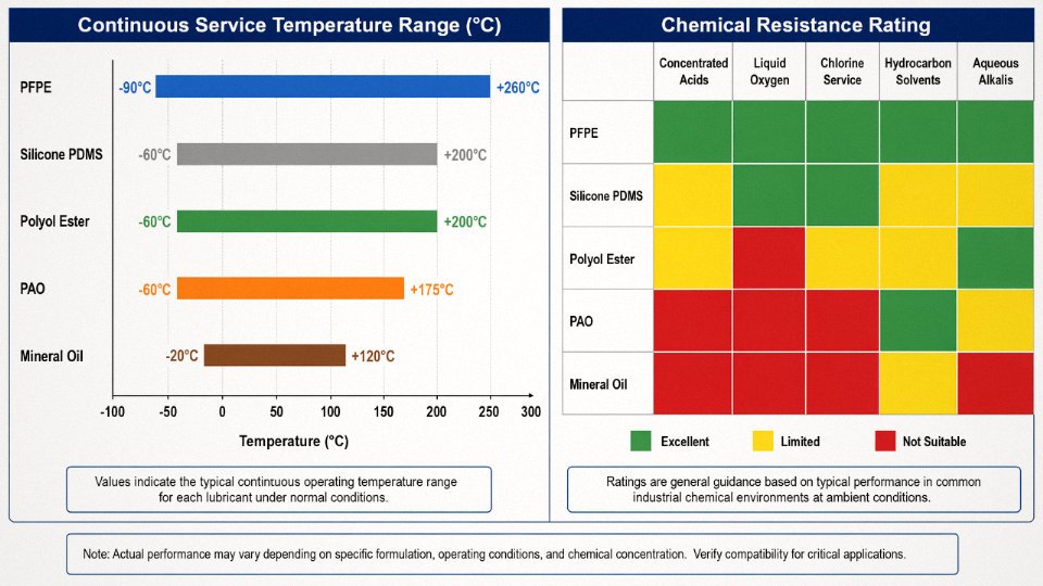 Flat vector comparison chart showing operating temperature ranges and chemical resistance ratings for PFPE, PAO, polyol ester, silicone oil, and mineral oil