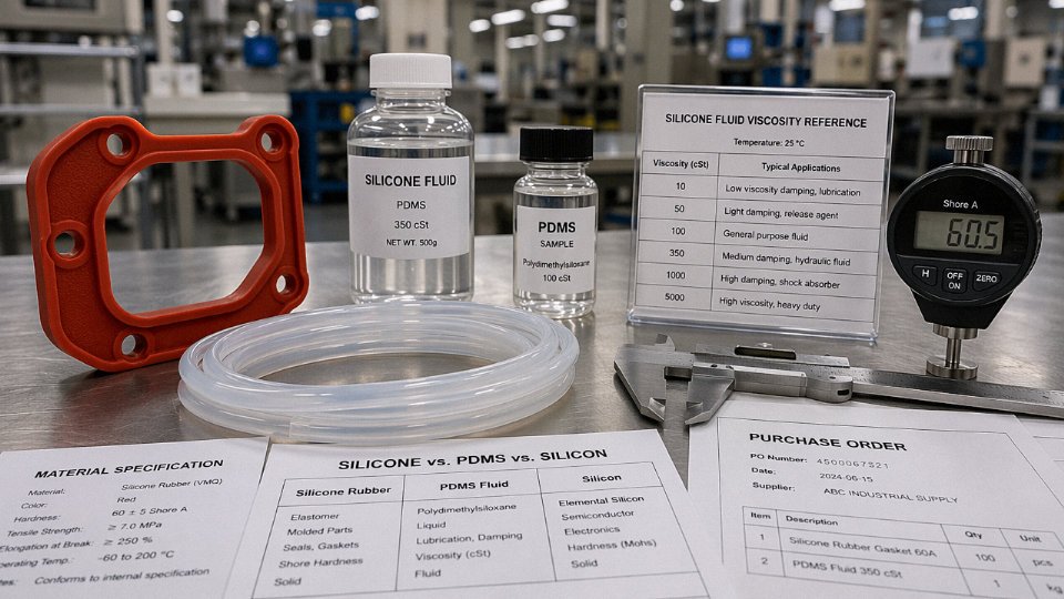 Industrial silicone materials and specification documents on a factory workbench