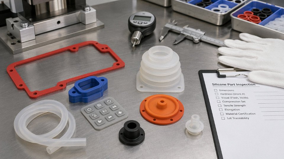 Assorted molded silicone elastomer parts including gaskets, tubing, keypads, boots, and seals