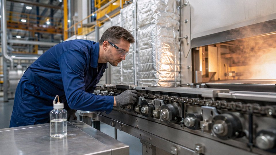 Industrial engineer inspecting silicone oil lubrication points on a high-temperature conveyor system inside a manufacturing facility