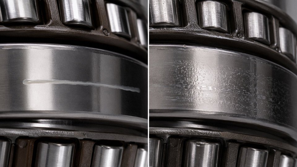 benefits-silicone-oil-lubricants-01-thin-film-spreading-comparison-silicone-vs-mineral-oil-on-bearing-race