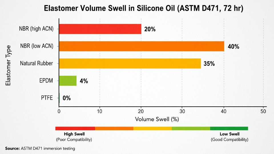 Flat vector bar chart comparing volume swell percentage of common elastomers including NBR, EPDM, natural rubber, and PTFE when immersed in silicone oil