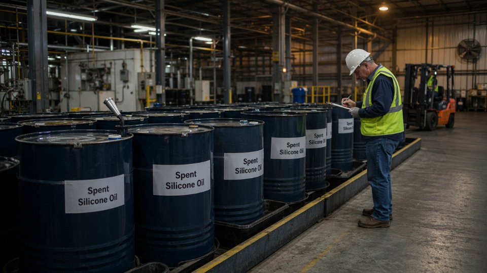 Industrial drums of spent silicone oil lined up in a plant collection area awaiting recycling processing