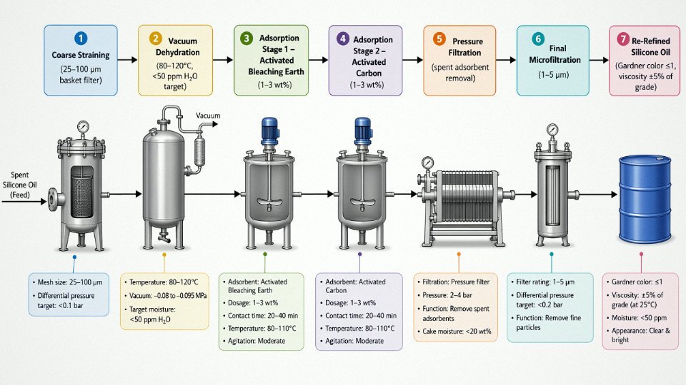 Step-by-step process flow diagram of a silicone oil re-refining train from coarse straining through vacuum dehydration, adsorption, and final microfiltration