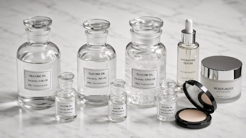 Assorted cosmetic silicone oil grades in laboratory bottles alongside finished skincare products on a white surface
