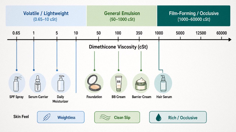 Flat vector diagram mapping dimethicone viscosity grades from 0.65 cSt to 60000 cSt to corresponding cosmetic product categories and skin-feel descriptors