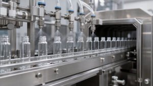 Pharmaceutical-grade silicone oil being applied to prefilled syringe barrels on an industrial fill-finish line