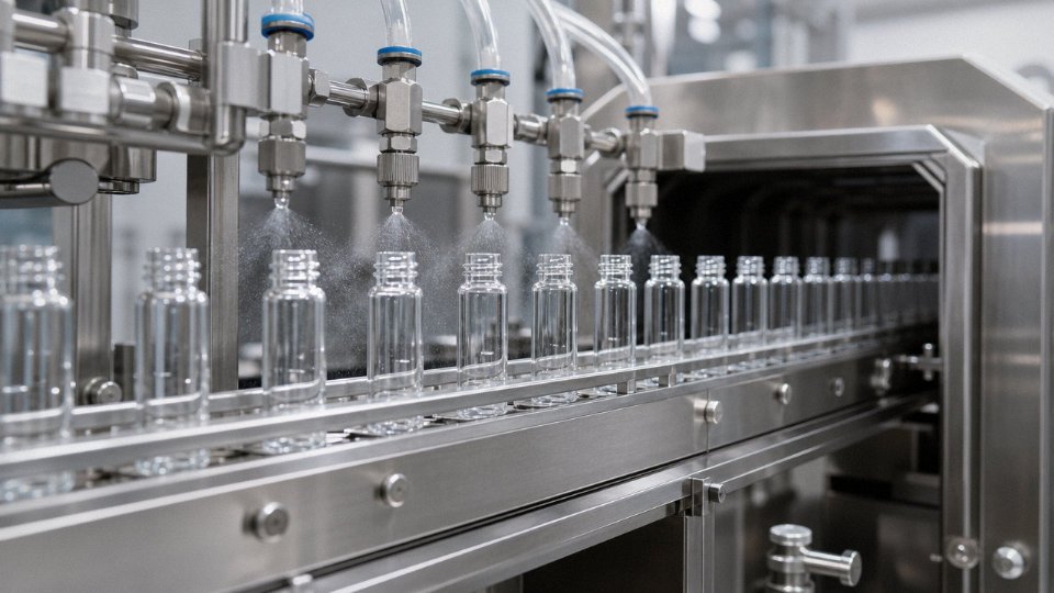 Pharmaceutical-grade silicone oil being applied to prefilled syringe barrels on an industrial fill-finish line