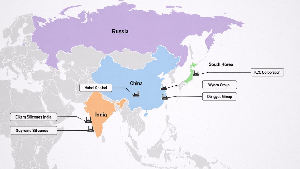 Flat map diagram showing major regional silicone oil producers in China, India, South Korea, and Russia with company name callouts