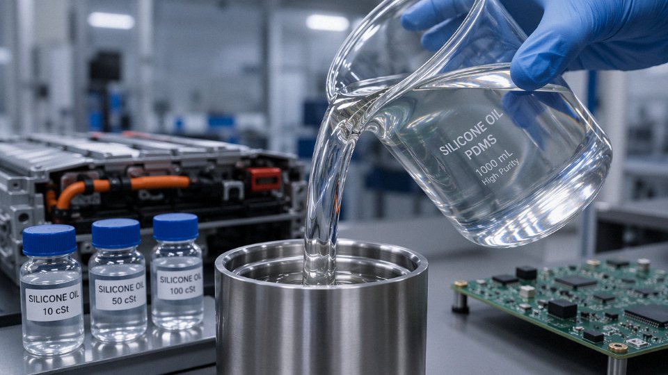 Clear silicone oil being poured in an industrial laboratory setting with multiple application samples in the background