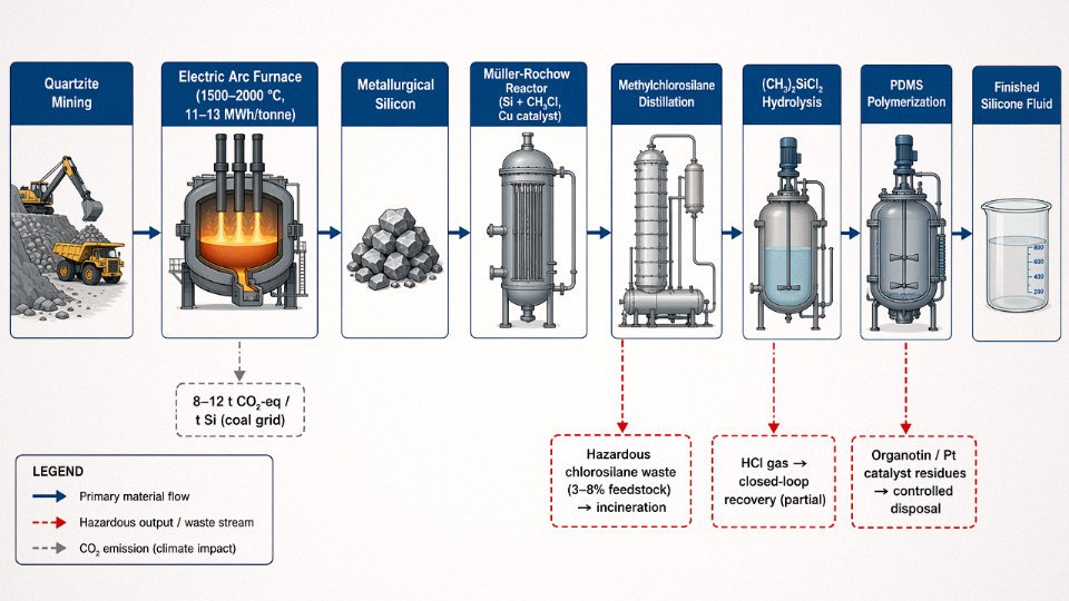 Simplified process flow diagram of Müller-Rochow synthesis from silicon to PDMS with hazardous output streams
