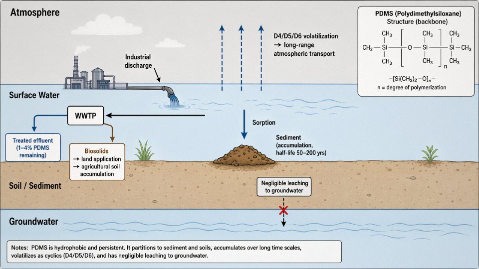 Diagram showing PDMS environmental fate pathways across soil, water, sediment, and atmosphere compartments