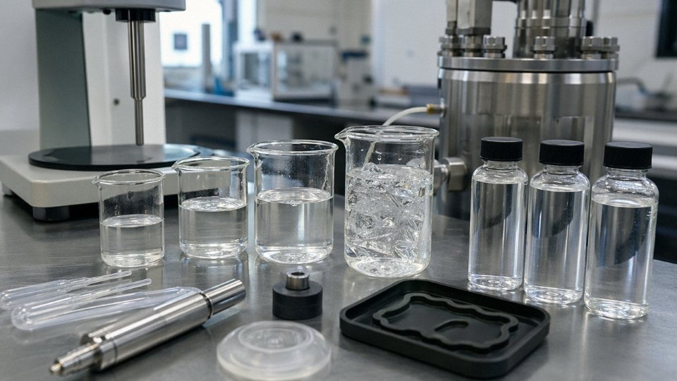 Clear silicone oil samples in an industrial laboratory with viscosity and application testing equipment