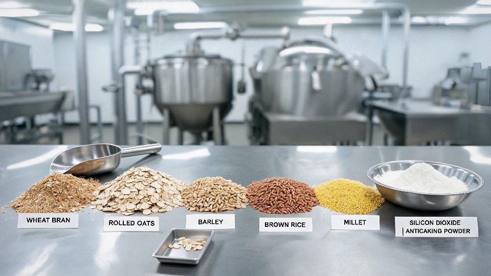 Whole grains, bran, and powdered food ingredients representing dietary silicon dioxide sources