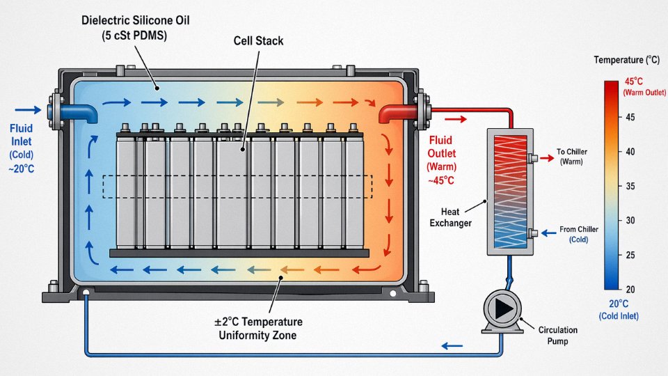 Engineering diagram showing dielectric silicone oil flow paths in a direct immersion-cooled EV battery module
