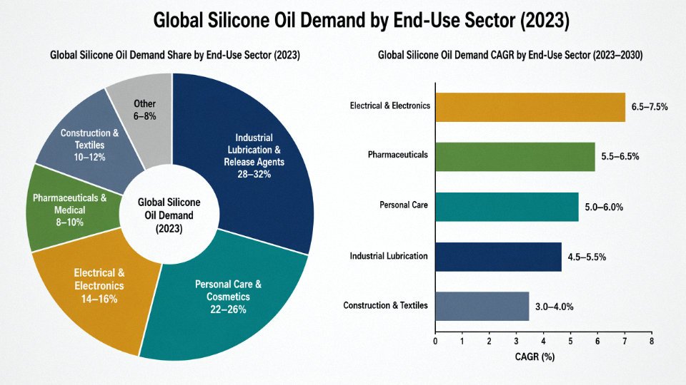 Flat vector pie and bar chart showing global silicone oil demand share by end-use industry sector