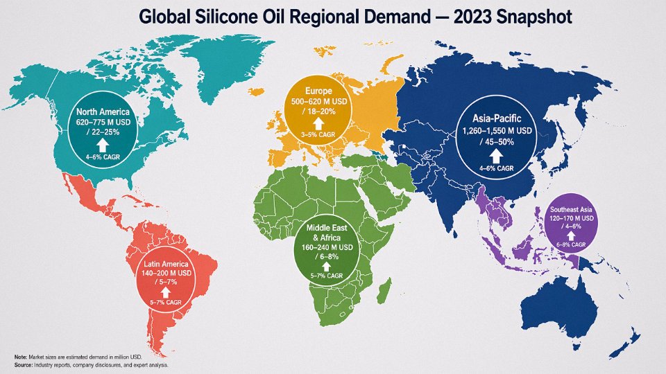 Flat vector world map showing regional silicone oil consumption share with proportional bubble overlays