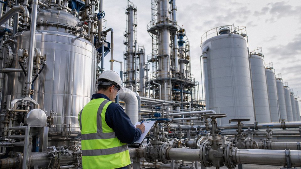 Large stainless steel reactor vessels and silicone oil storage tanks at an industrial chemical manufacturing facility