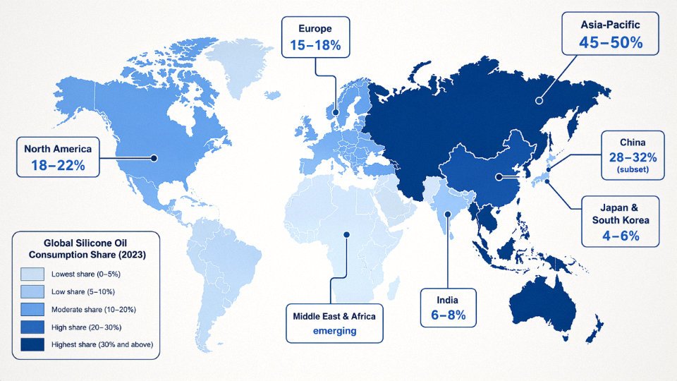 World map diagram showing silicone oil regional consumption share by percentage, with Asia-Pacific highlighted as largest segment