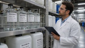 Industrial engineer inspecting rows of silicone oil containers in a chemical storage facility