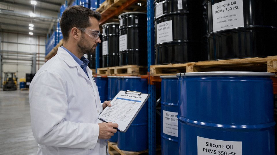 Industrial worker inspecting sealed drums of silicone oil in a chemical warehouse