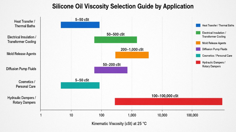 Horizontal bar chart showing recommended silicone oil viscosity ranges in cSt for six industrial application categories