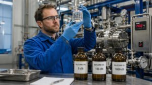 Engineer examining silicone oil viscosity grades in an industrial fluid-selection environment