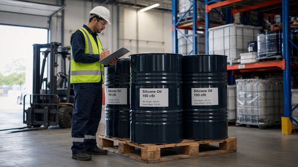 Industrial worker inspecting sealed 200 L steel drums of silicone oil on a warehouse pallet before shipment