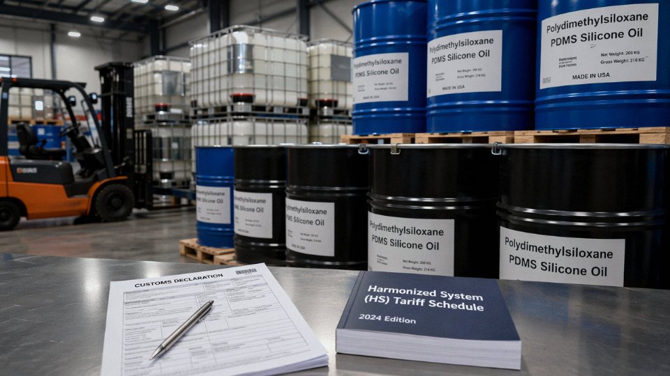 Industrial drums of silicone oil lined up in a warehouse next to customs documentation and an HS code tariff schedule