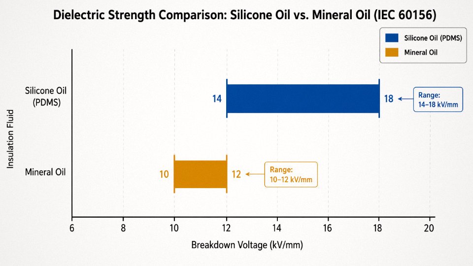 Bar chart comparing dielectric breakdown voltage strength of silicone oil versus mineral oil in kV/mm