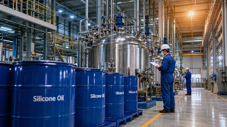Industrial silicone oil drums and processing equipment in a large chemical manufacturing facility