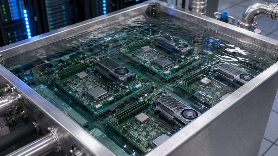 Server motherboards fully submerged in a clear silicone oil dielectric fluid bath inside an open-top immersion cooling tank in a data center