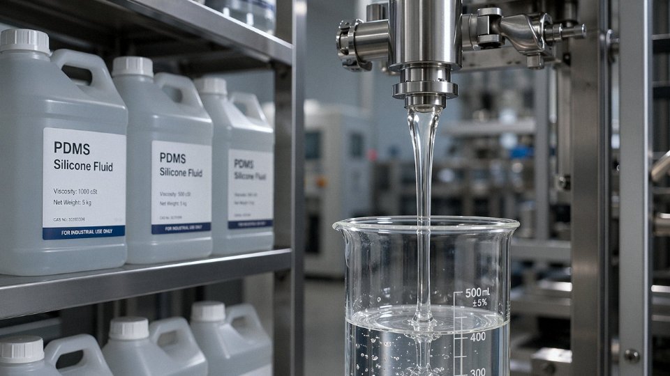 Clear silicone oil being poured in an industrial setting, representing diverse manufacturing applications
