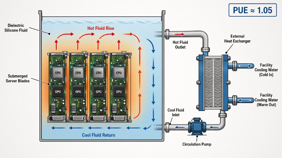 Cross-section engineering diagram of a single-phase silicone oil server immersion cooling tank showing fluid flow, heat exchanger, and submerged server components
