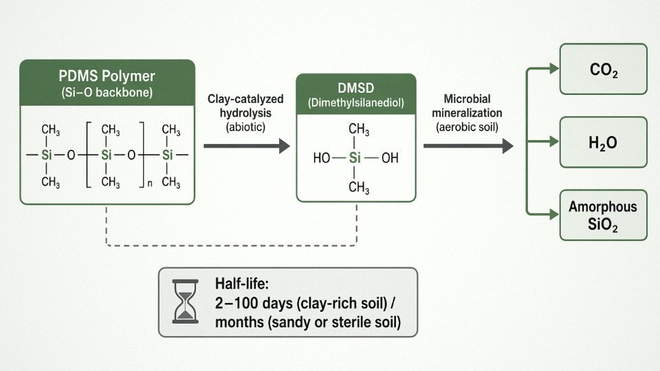 Flat vector diagram of PDMS soil degradation pathway from polymer through DMSD to CO2 water and silica