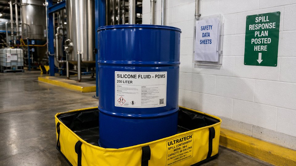 Silicone oil drum and industrial containment berm in a chemical processing facility with environmental compliance signage