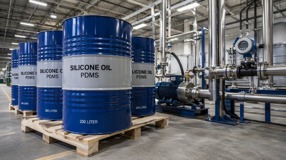 Industrial drums of silicone oil on a warehouse floor next to a heat-transfer system