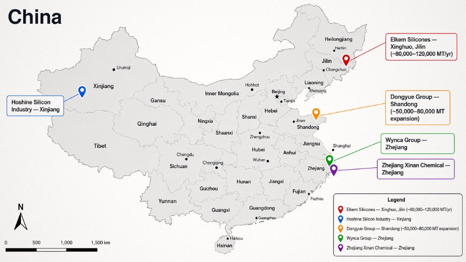 Flat vector map of China showing key silicone oil production sites for Elkem, Hoshine, Wynca, Dongyue, and Zhejiang Xinan with capacity annotations in English