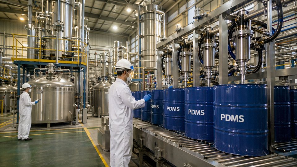 Large-scale silicone oil production line with stainless steel reactors and filling equipment at an industrial chemical plant