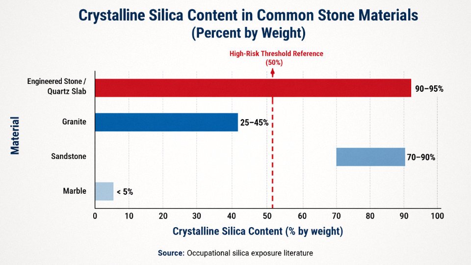 Bar chart comparing crystalline silica content by weight percentage in engineered stone versus natural granite and other common stone materials