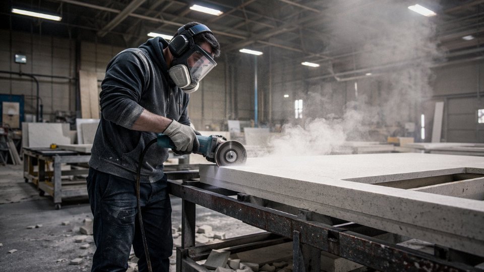 Industrial worker in full respiratory protection cutting engineered stone on a fabrication shop floor, visible dust cloud in the air