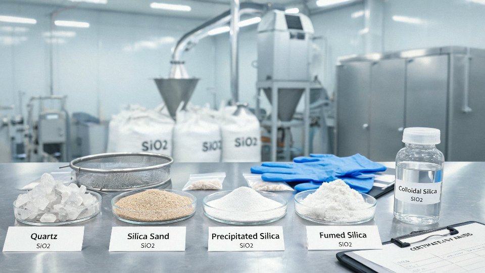 Industrial silica materials in labeled containers on a plant floor