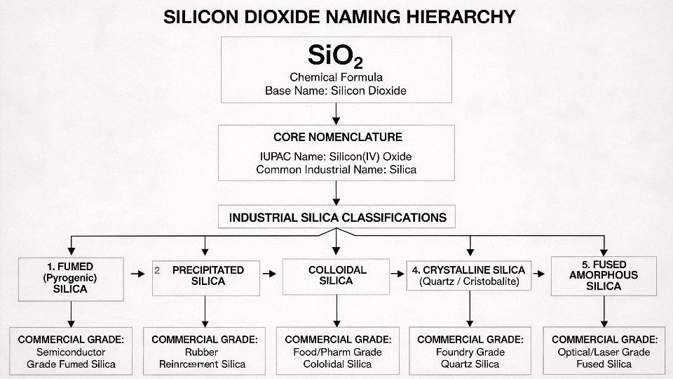 silicon-dioxide-names-01-naming-hierarchy-from-SiO2-formula-to-commercial-silica-grade