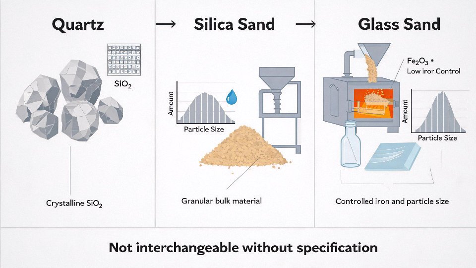 Comparison diagram of quartz, silica sand, and glass sand as silicon dioxide materials