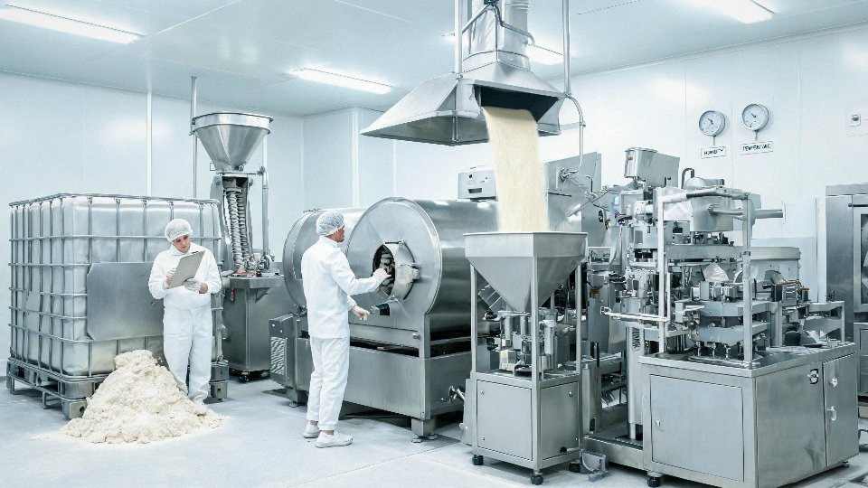 Food-grade powder blend flowing through stainless steel processing equipment in an organic dry mix plant.
